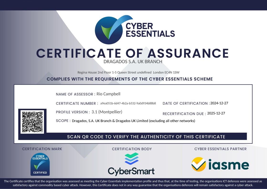 Cyber Essentials. Dragados S.A. UK Branch and Dragados UK Limited.
