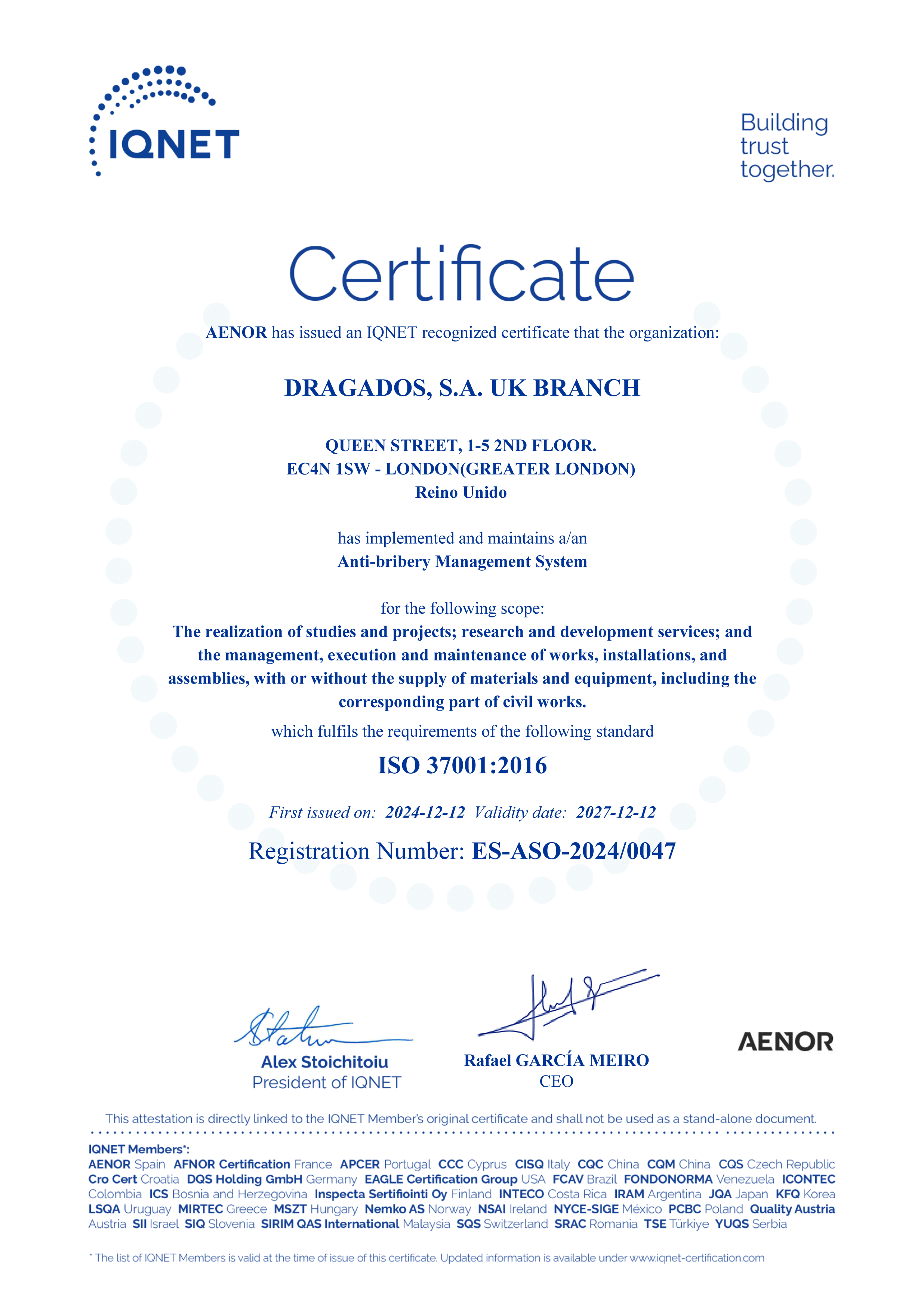 DRAGADOS,S.A. UK BRANCH - Certificate
