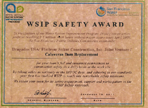 OCCUPATIONAL SAFETY AWARD. CALAVERAS DAM.