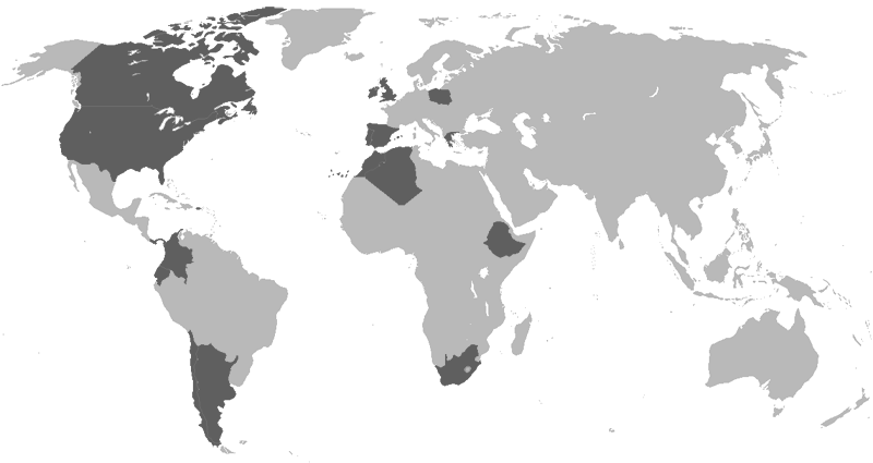 World map showing the countries where high speed projects have been realised (North America, Chile, Argentina, Colombia, Great Britain, South Africa, Morocco, Portugal and Spain among others).