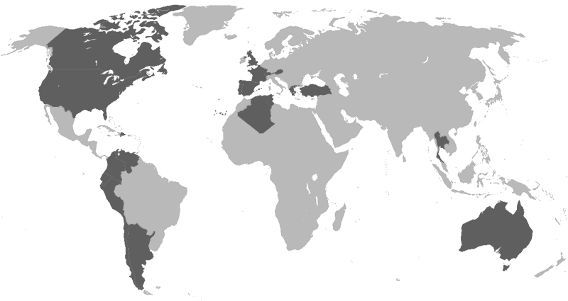 World map showing the countries where tunnel projects have been carried out (North America, Chile, Argentina, Colombia, Australia, Portugal and Spain among others).